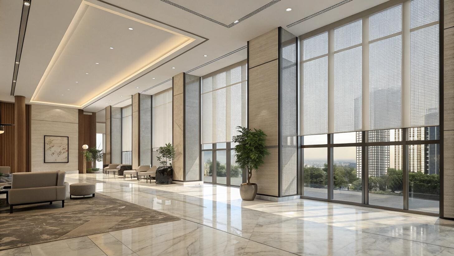 Modern hotel lobby with large roller blinds and marble flooring