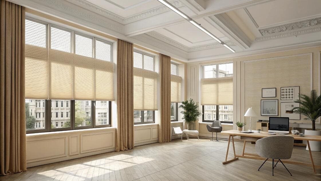 Elegant executive office with beige honeycomb blinds and classic decor