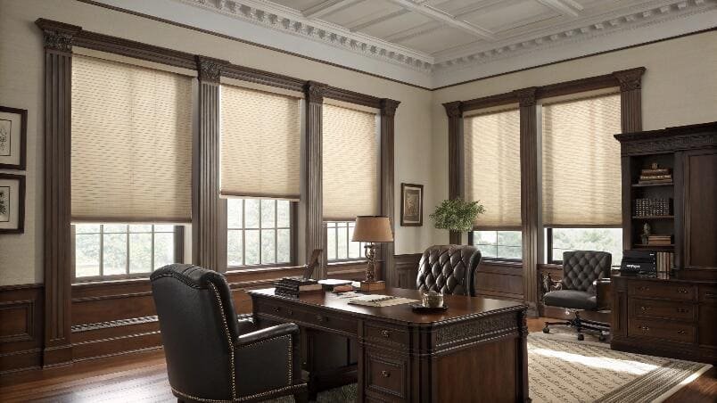 Classic wood executive office with pleated blinds