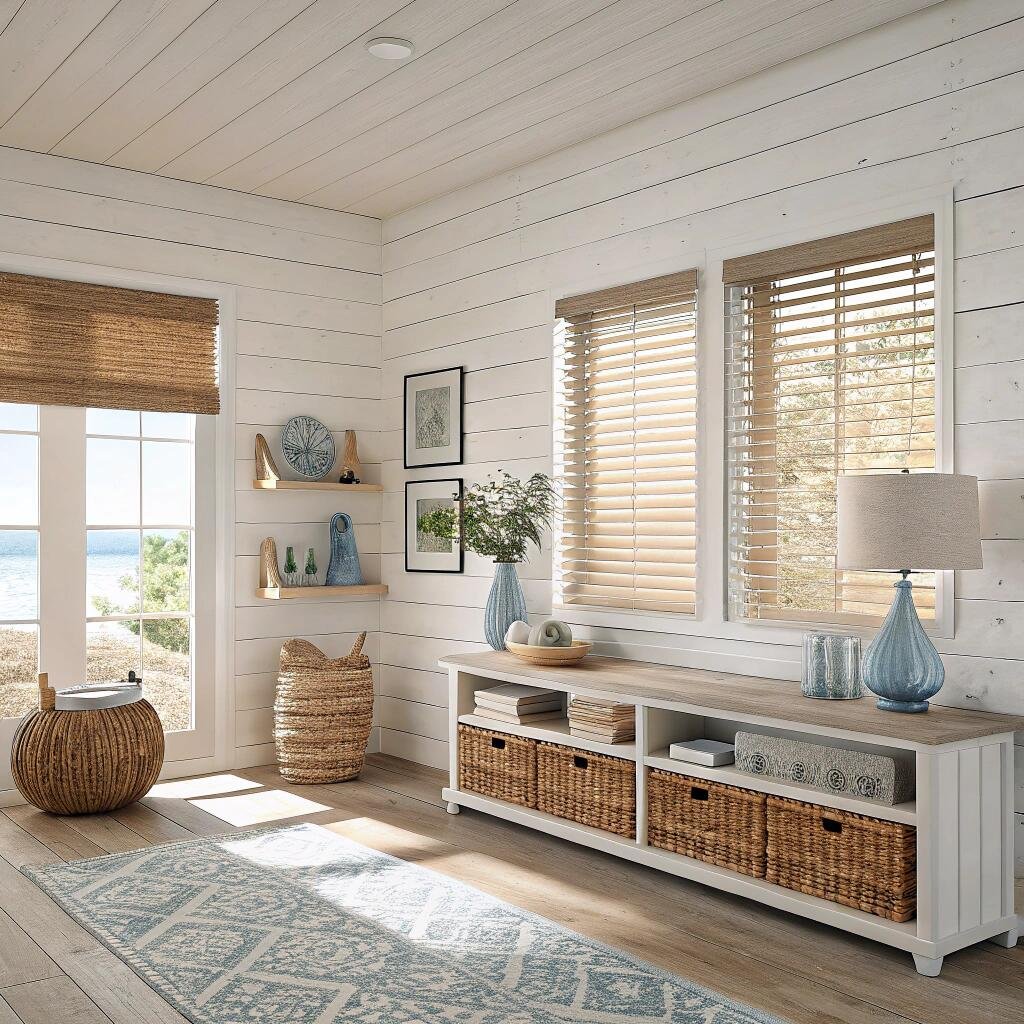 Coastal entryway with woven wood and faux wood blinds