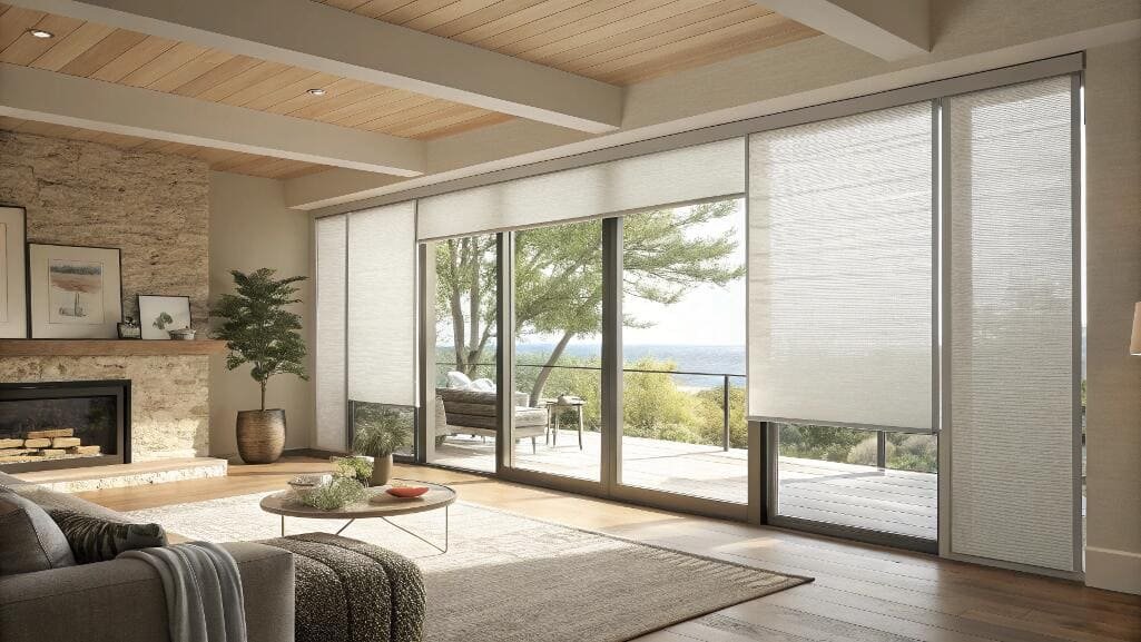 Modern living room with honeycomb blinds for sliding doors
