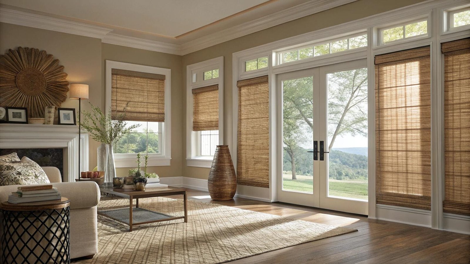 Natural woven wood blinds in living room enhance sunlight and privacy