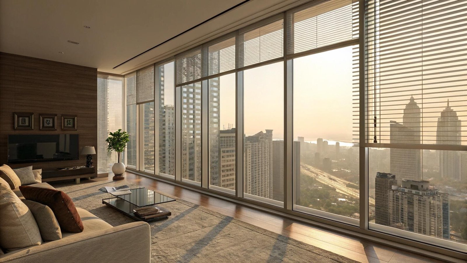Floor to ceiling blinds in modern city view living room