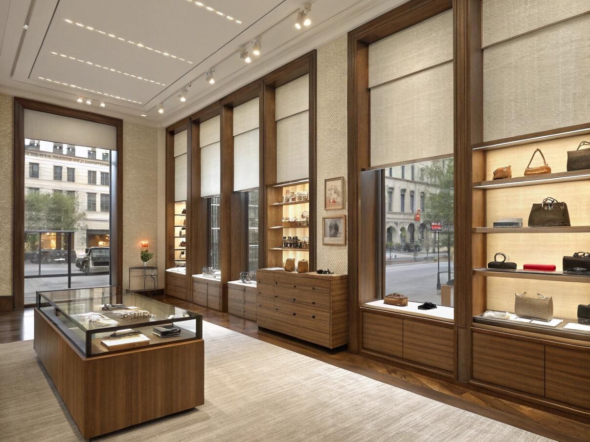 Luxury boutique features light filtering roller shades for storefront windows