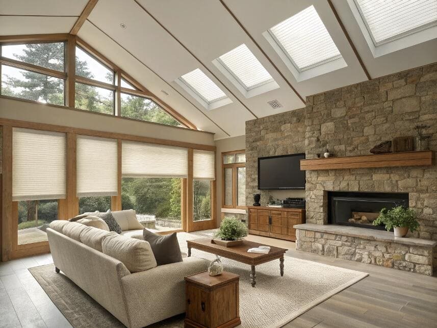Rustic living room with pleated blinds and skylight shades