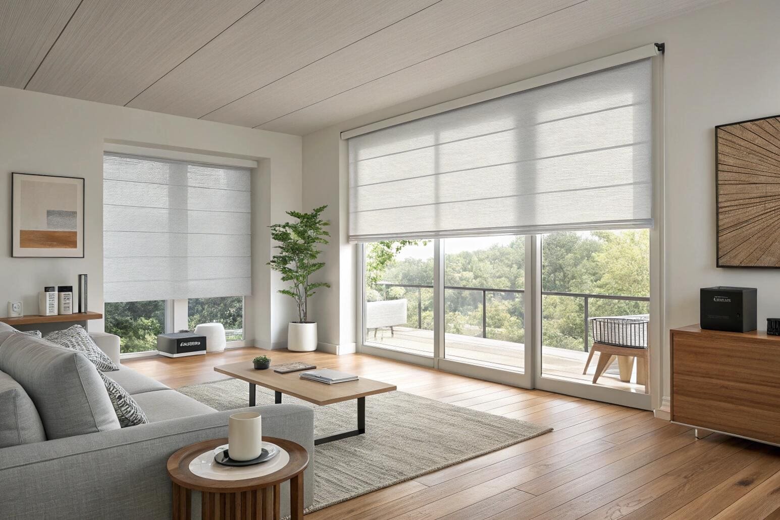 Living room with modern grey roller shades and scenic view