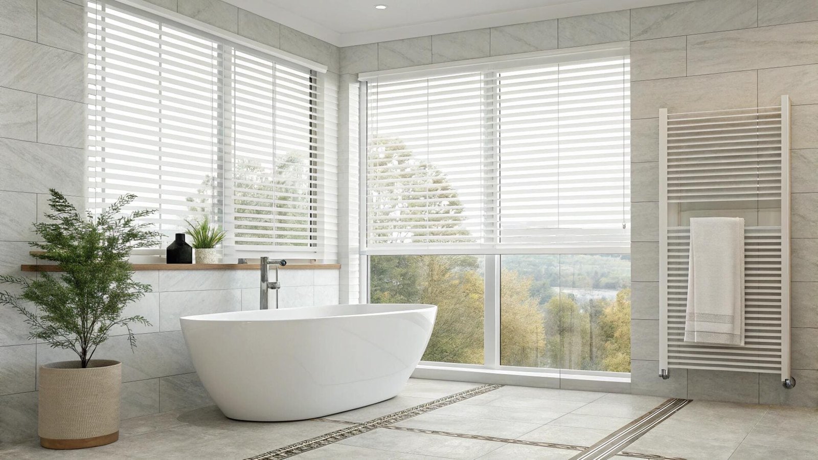 Spacious bathroom with white Venetian blinds offering privacy and light control
