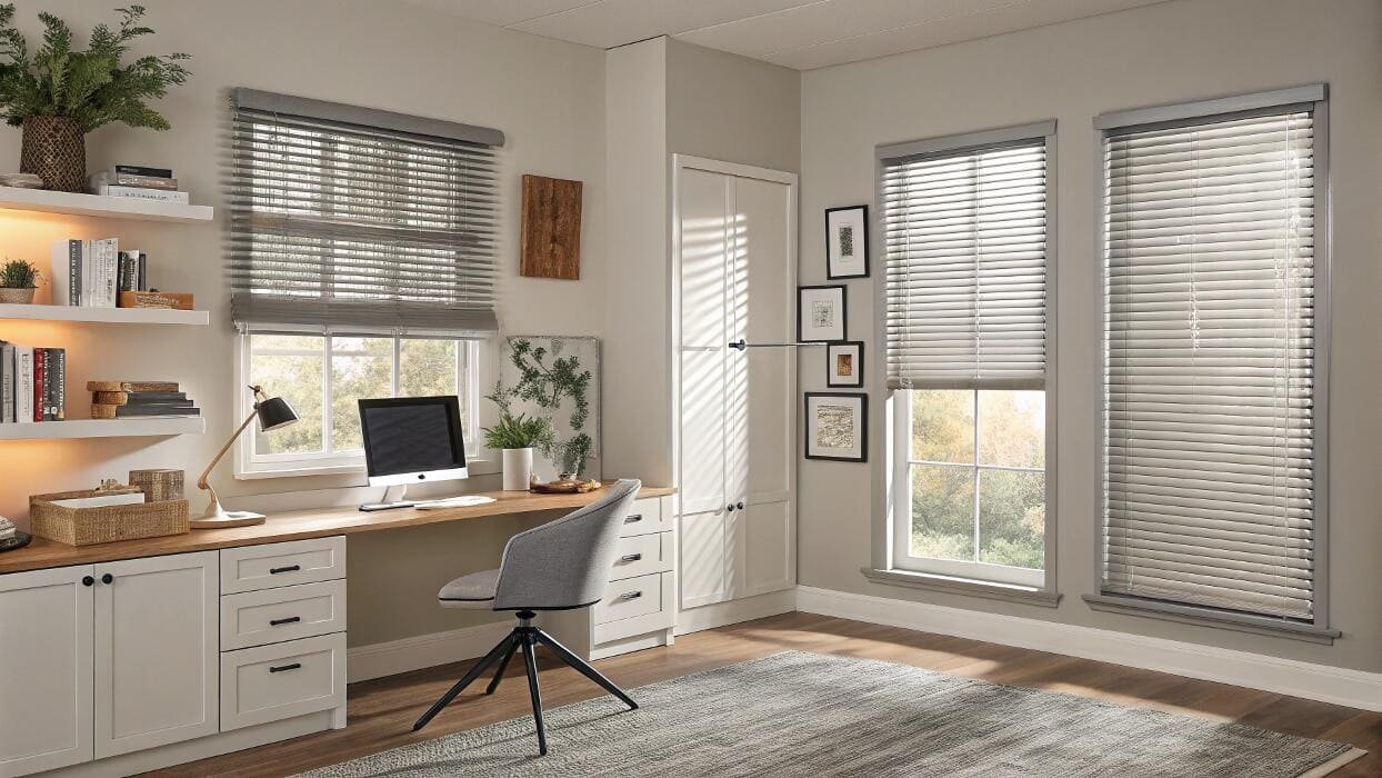 Modern home office with grey horizontal blinds and wood desk