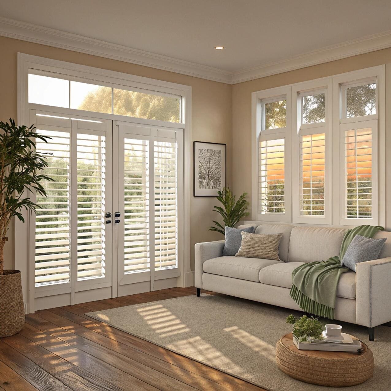 Cozy living room with white plantation shutters
