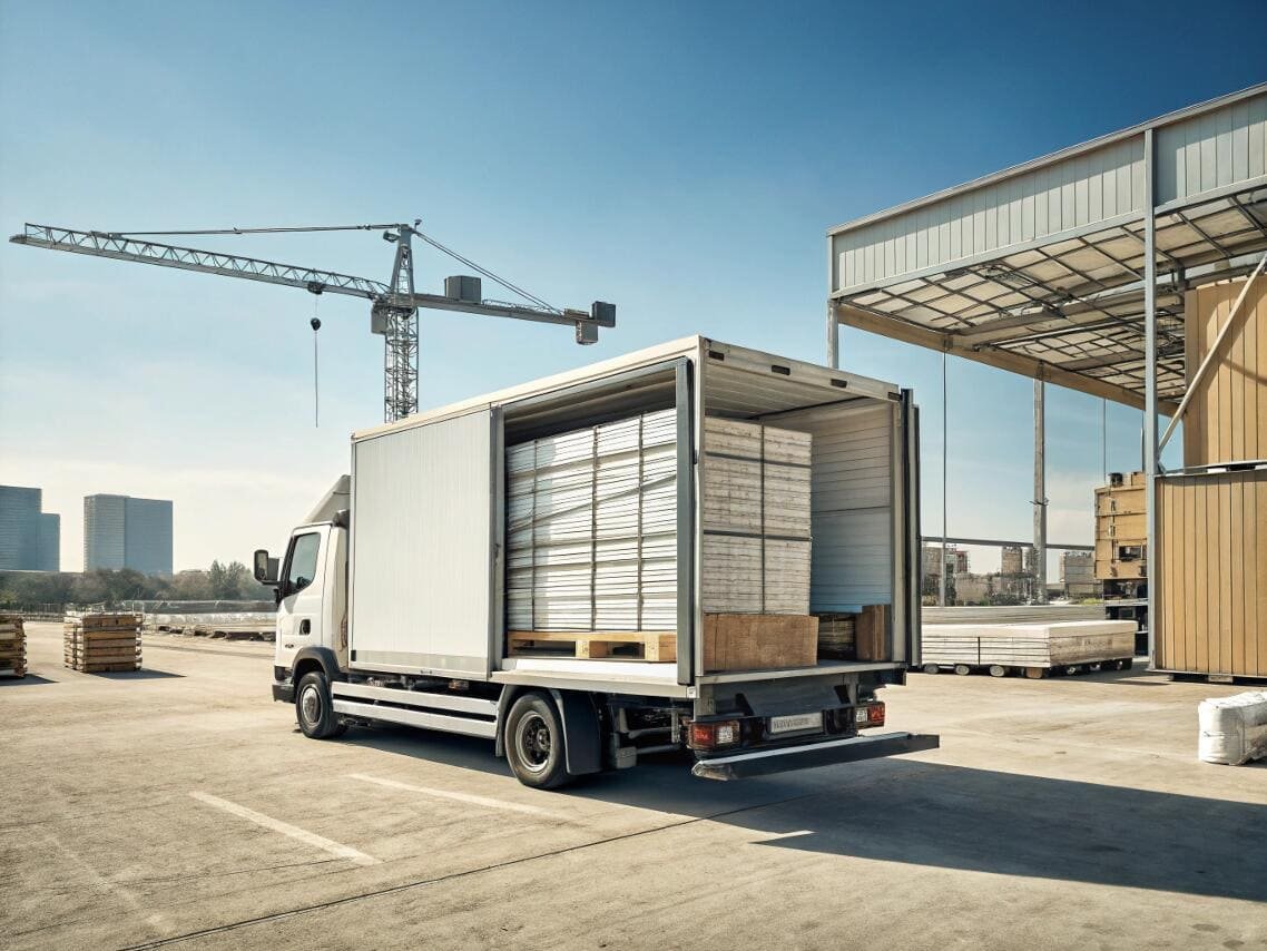 Logistics truck at warehouse with construction materials