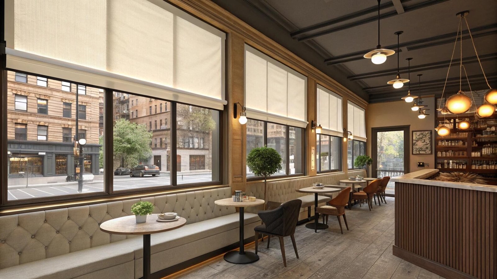 Stylish cafe interior with street-facing windows and roller shades