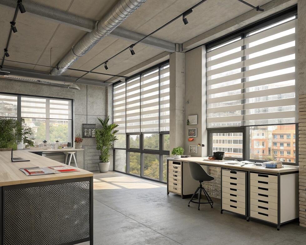 Modern industrial office with city views and functional zebra blinds