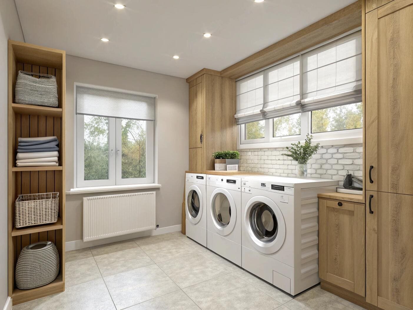 Laundry room with roman shades and appliances