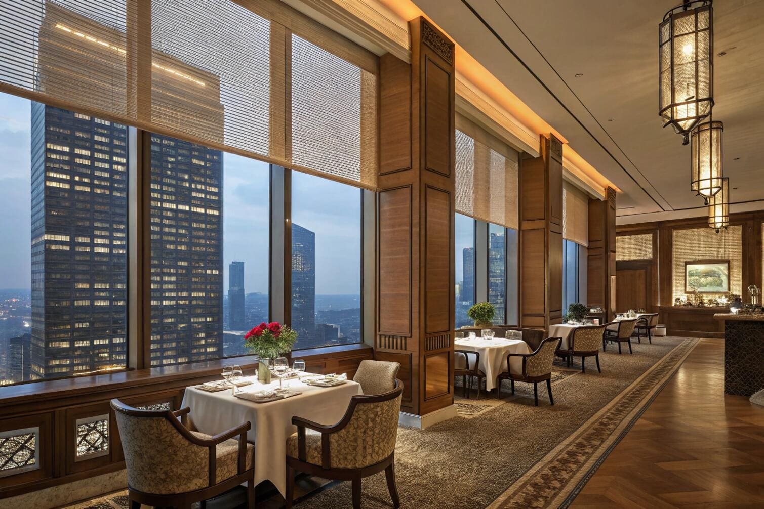 Restaurant with stunning city views featuring custom wooden blinds