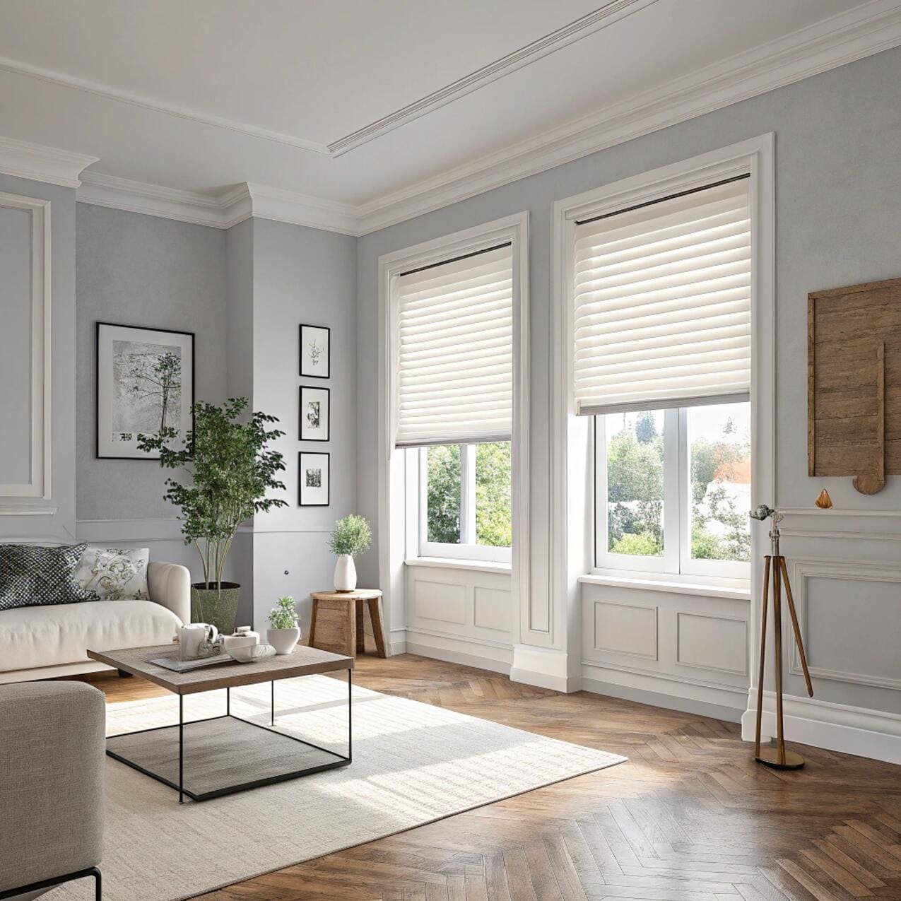 Modern living room with bright white venetian blinds