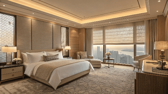 Luxury hotel bedroom with roman blinds and city view
