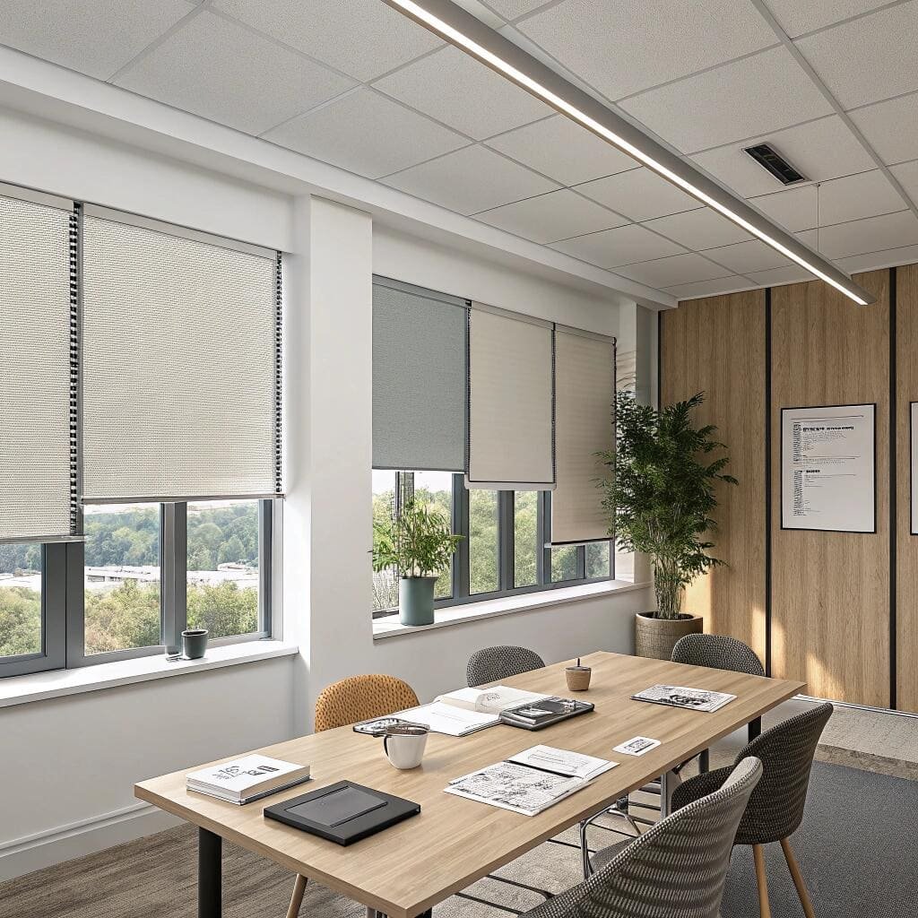 Conference room with light filtering roller blinds