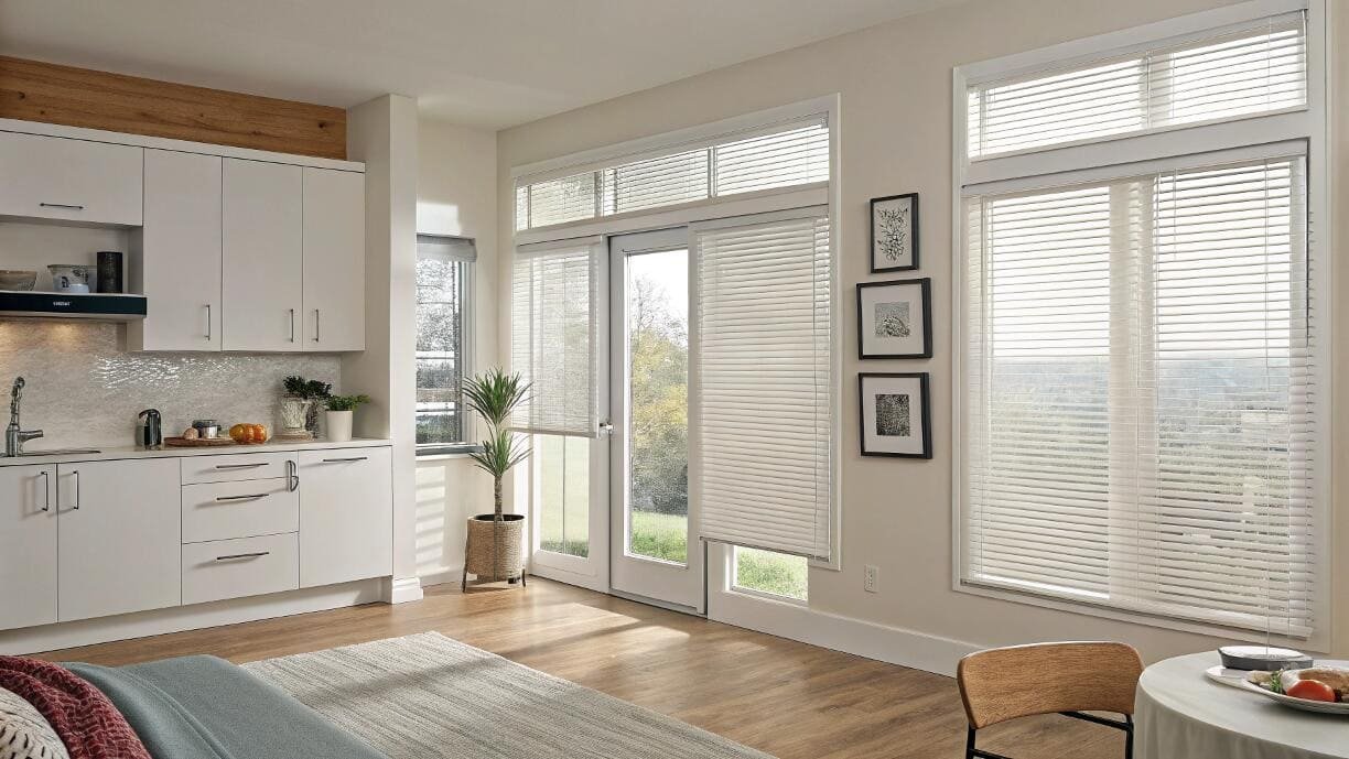 Bright kitchen with white pleated blinds on windows and patio door