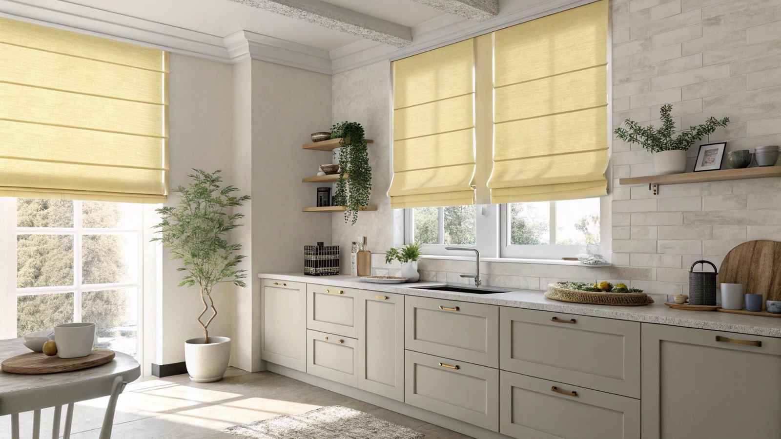 Modern kitchen with sunny yellow roman shades on windows
