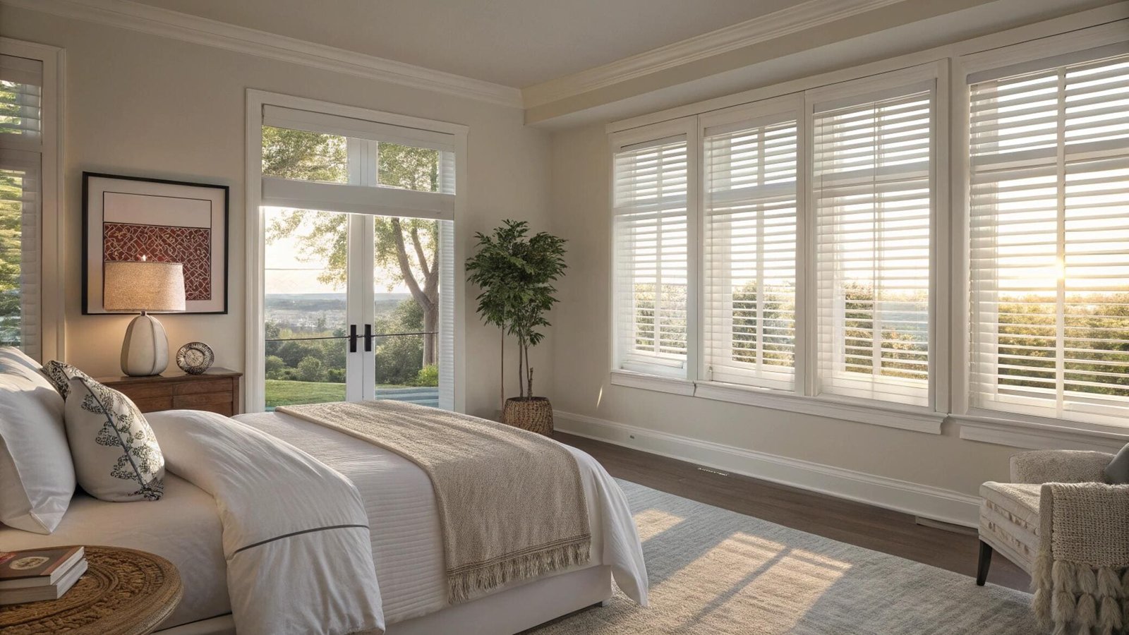 Bright bedroom with white horizontal blinds overlooking a scenic view