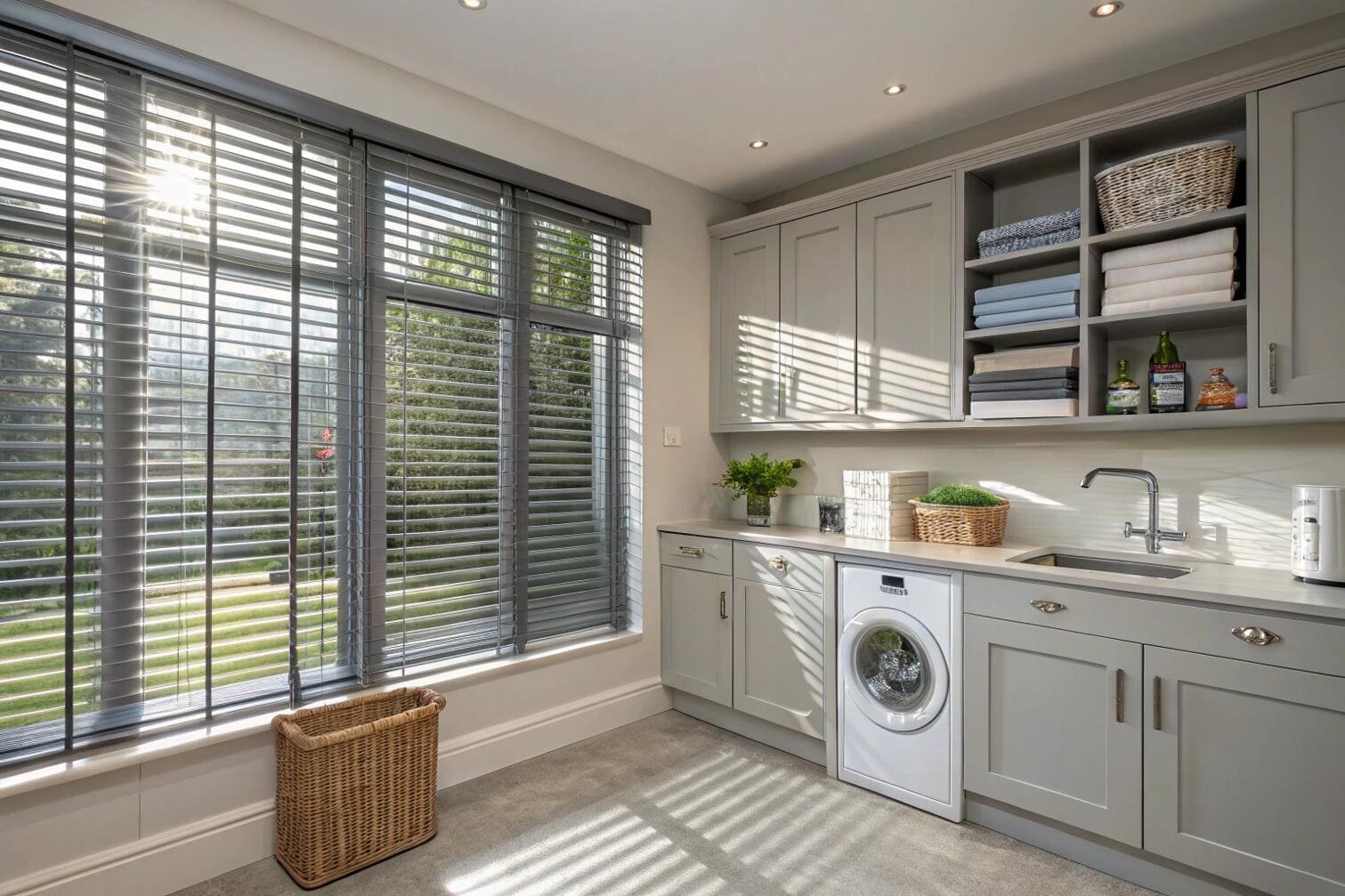 Laundry room with grey horizontal blinds and sunny backyard view