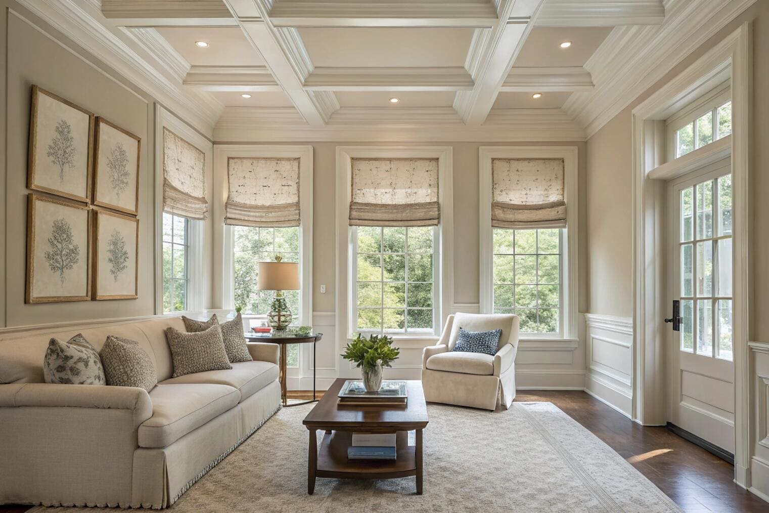 Elegant living room with patterned roman shades and large windows