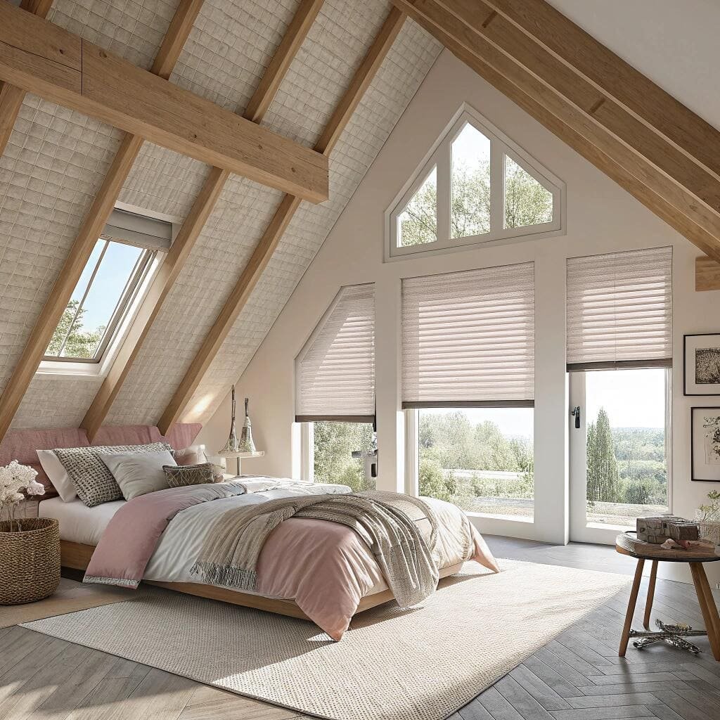 Loft bedroom with angled windows and soft cellular blinds