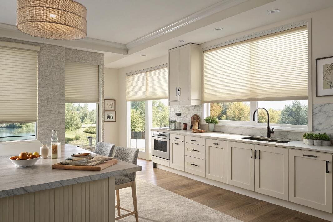 Bright kitchen with white cellular shades over multiple windows