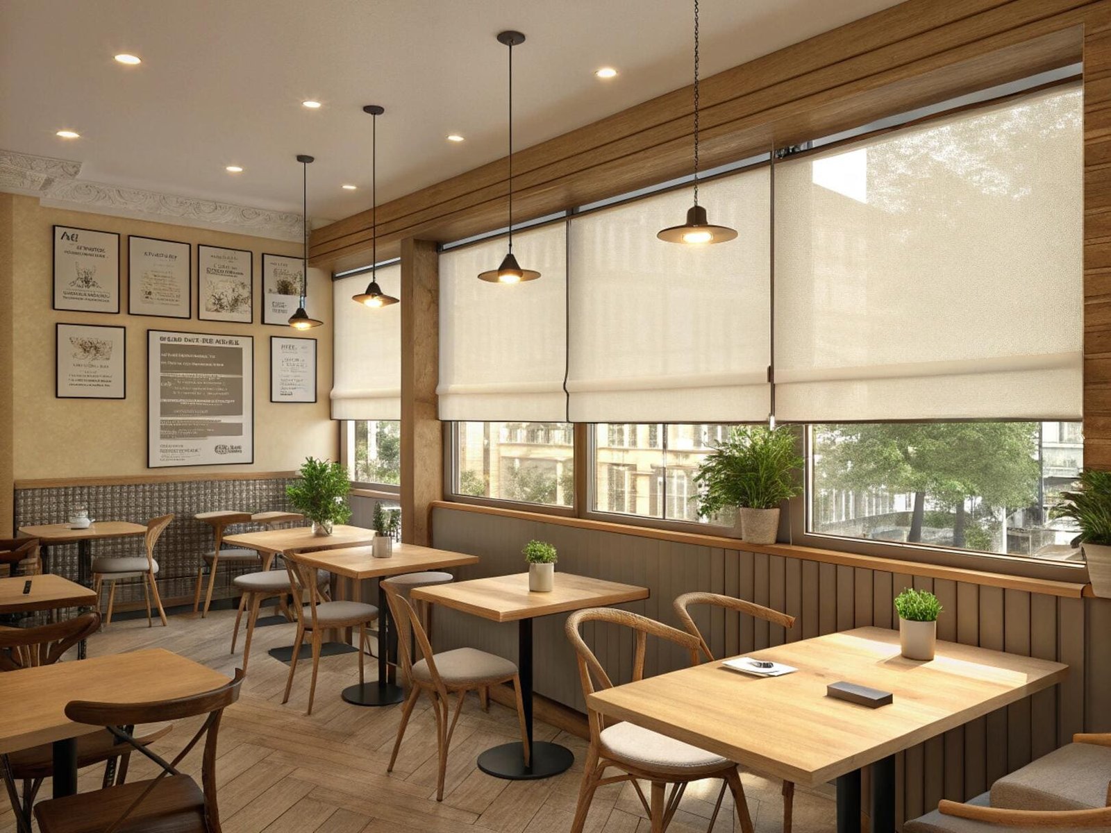 Modern cafe interior with large windows and light-filtering roller shades