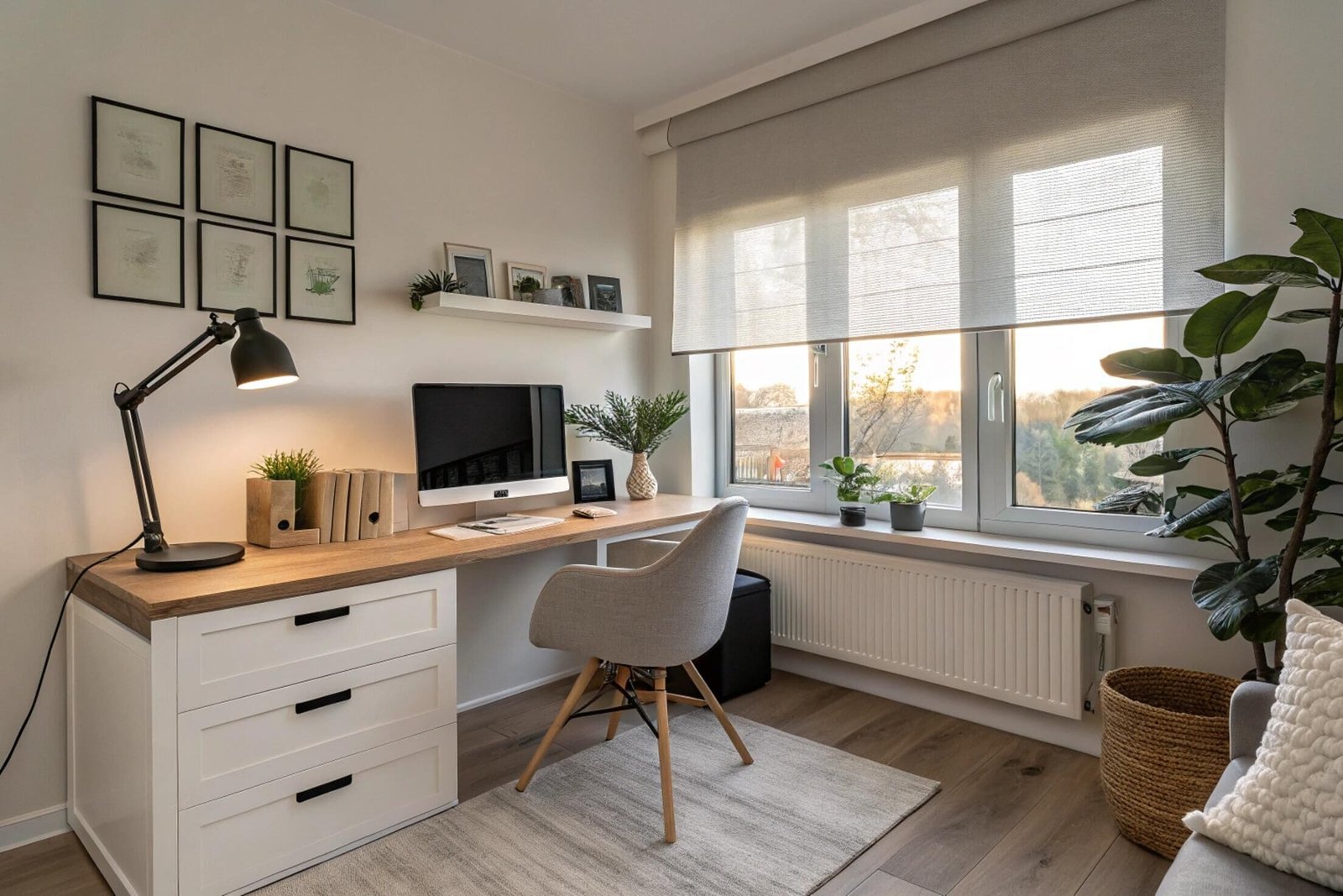 Modern home office with grey roller shades on a wide window