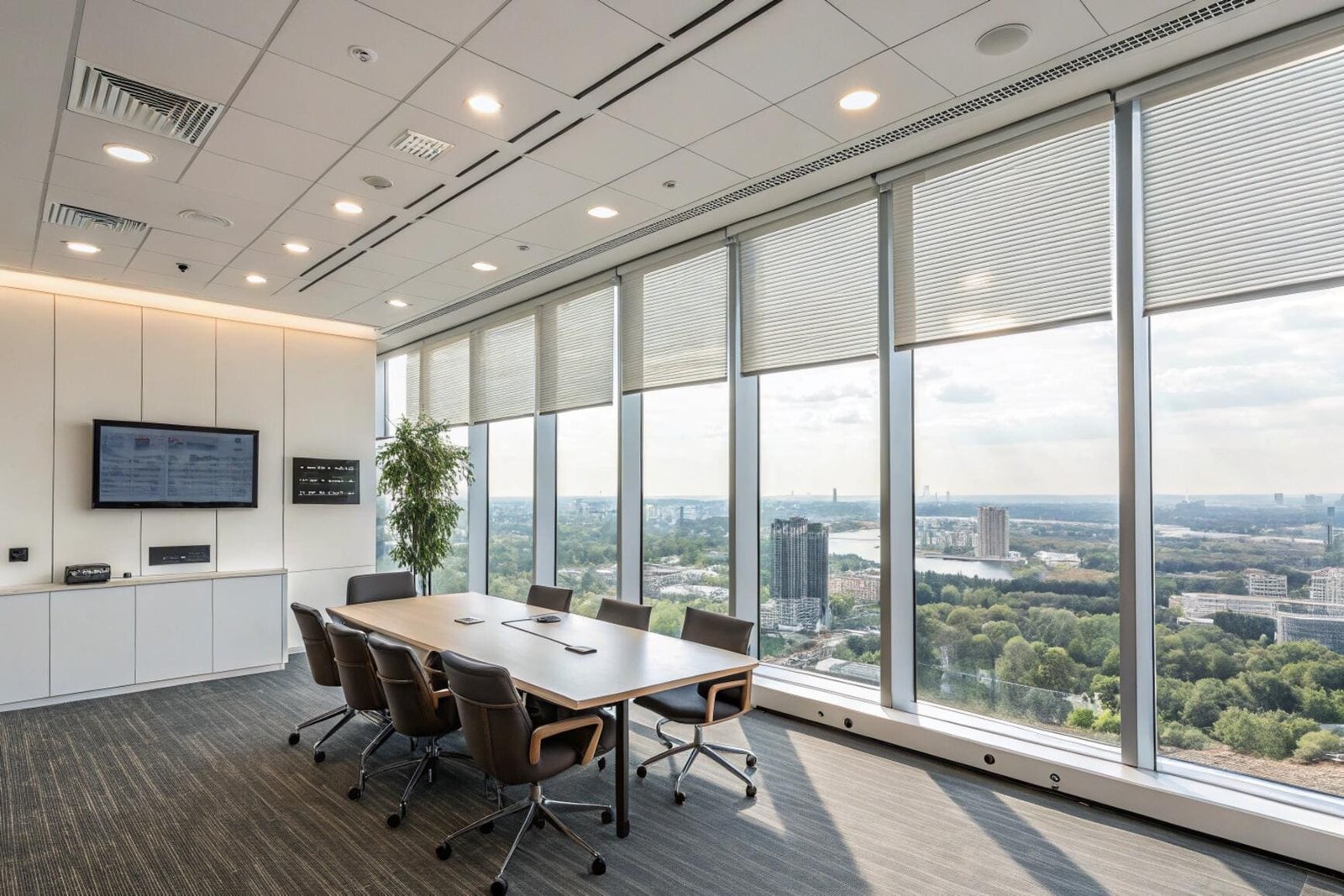 Executive meeting room with panoramic city views and cellular window shades