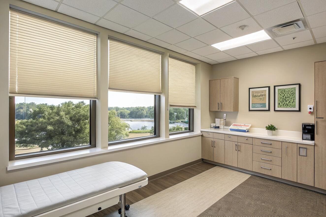 Medical exam room with large windows and neutral cellular shades