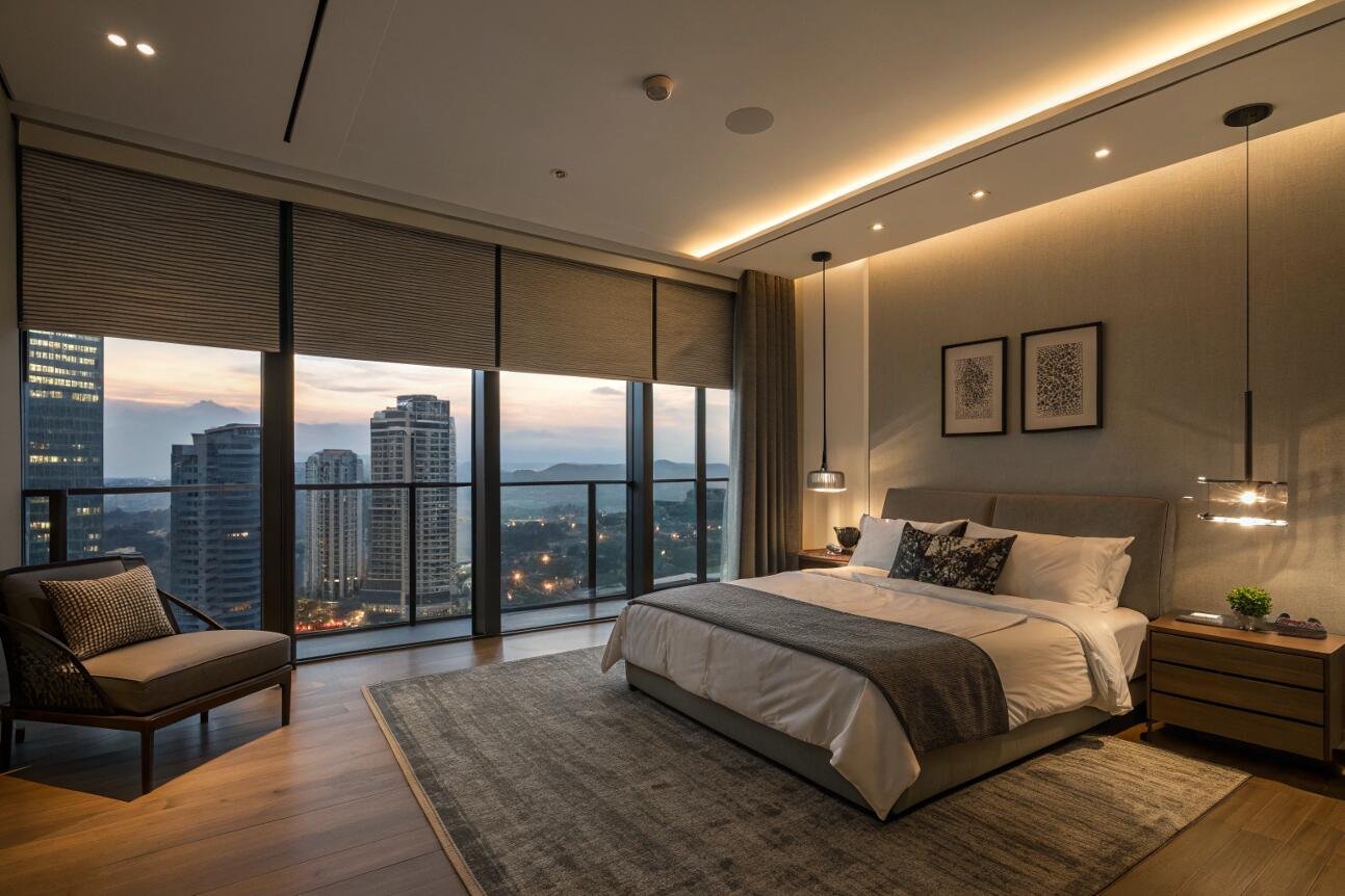 High-rise bedroom with city view and sophisticated blackout roller shades