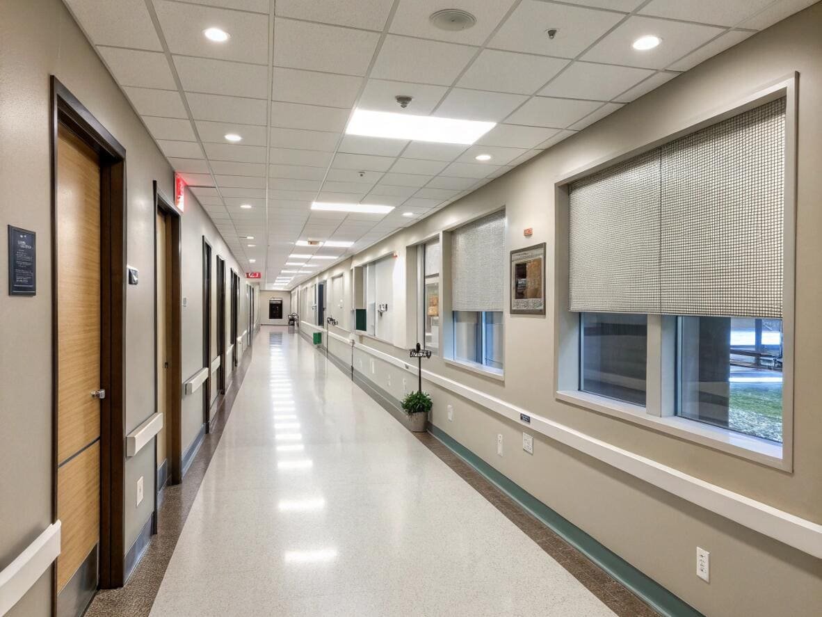 Hospital corridor with window shades for privacy and light