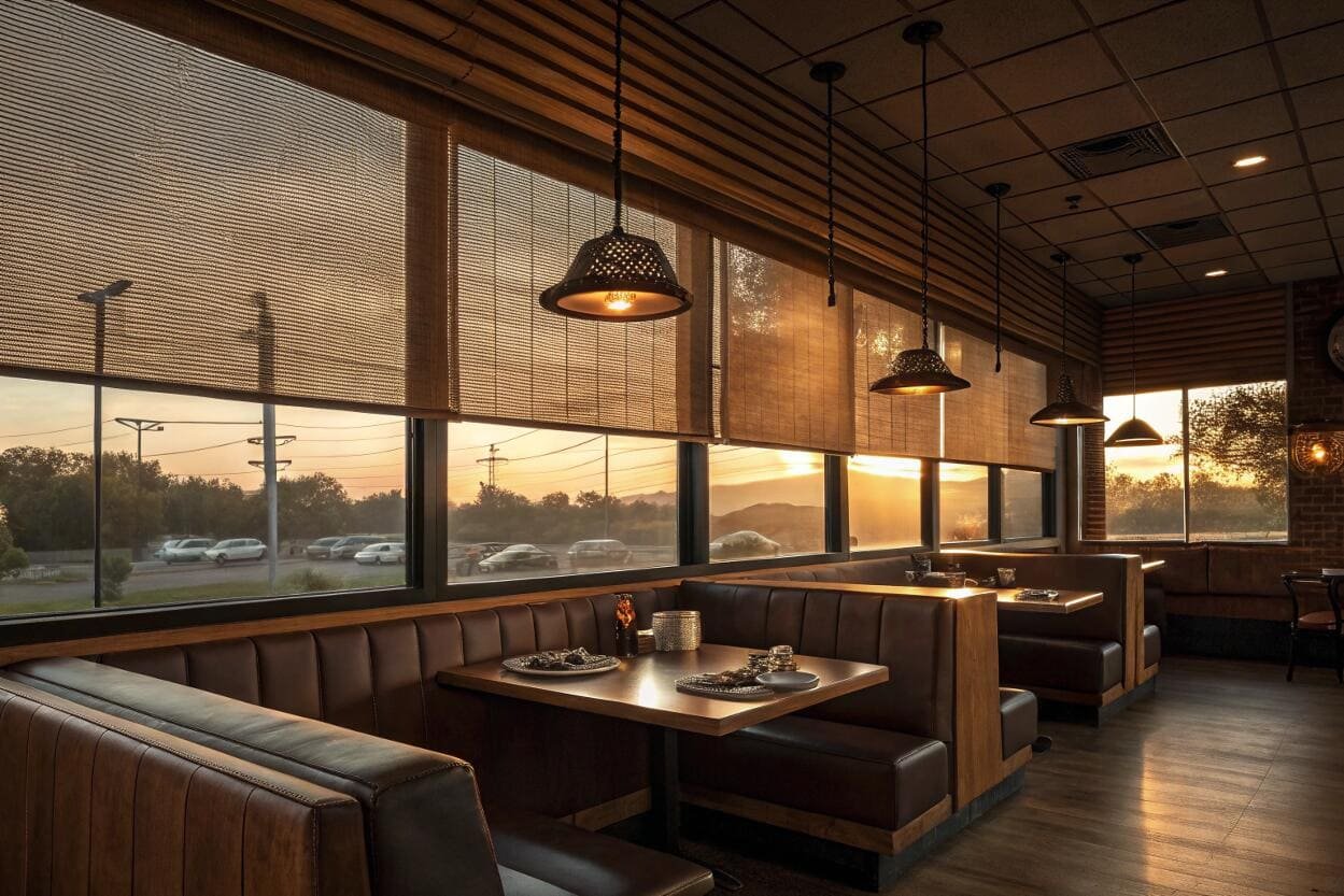 Restaurant interior with woven wood shades offering sunset ambiance