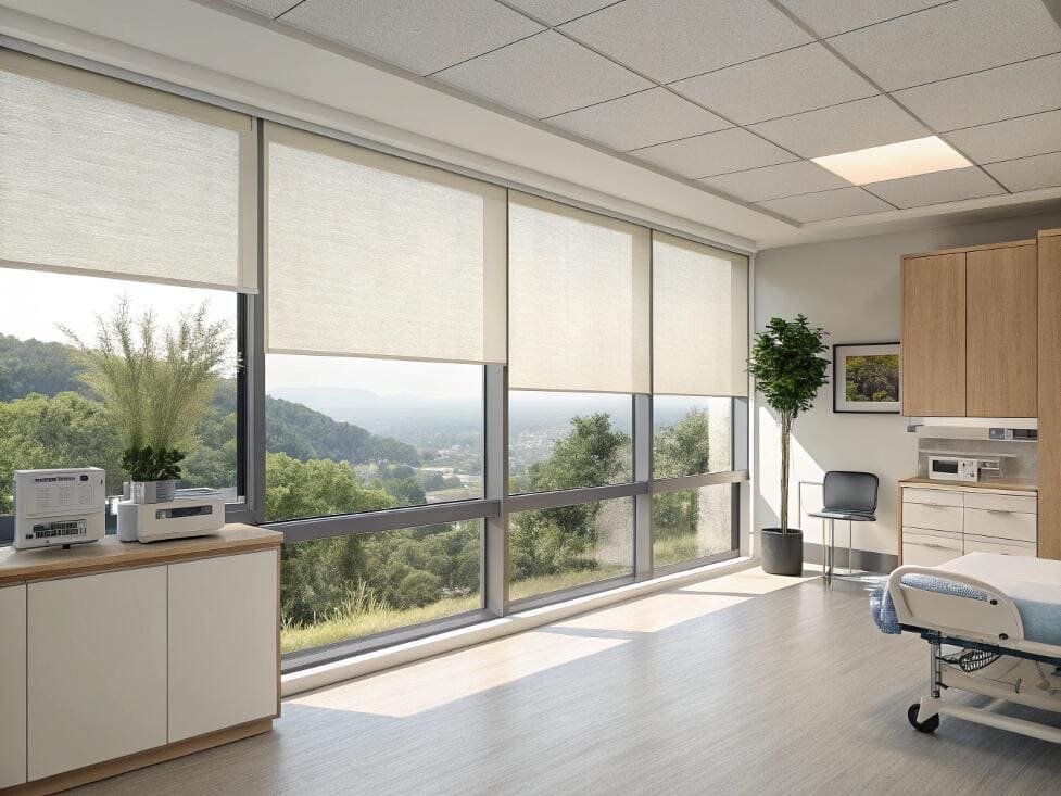 Hospital patient room with light roller shades and natural view.