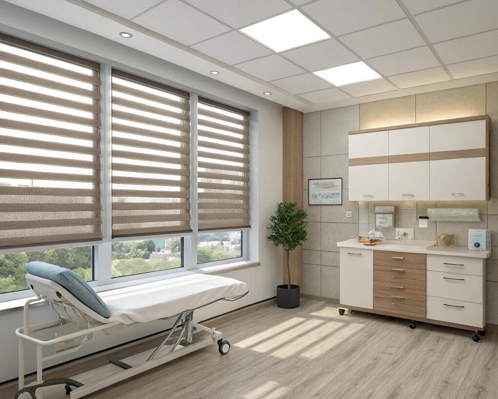 Medical clinic room featuring modern zebra blinds for patient privacy