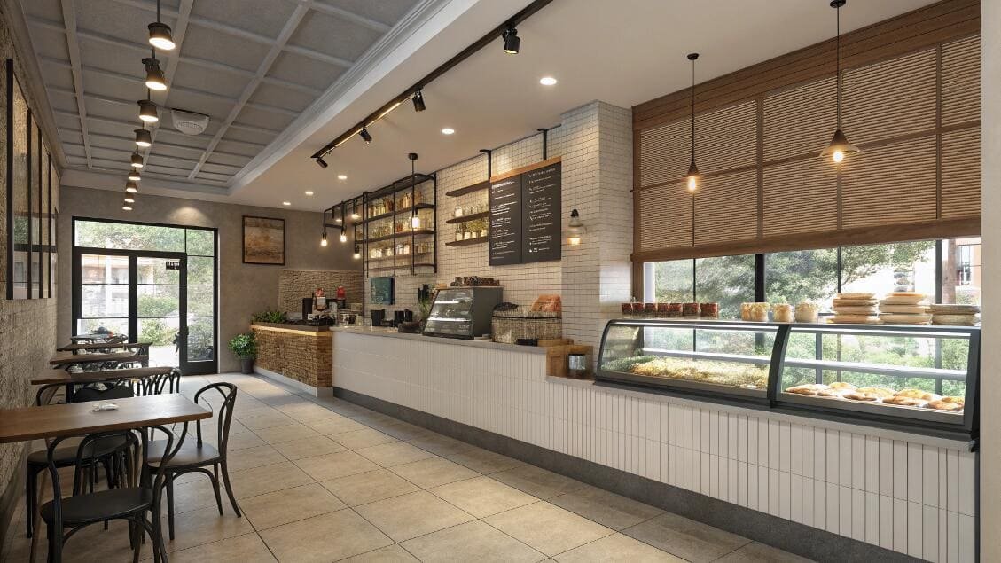 Cafe interior with woven wood shades and warm ambiance.