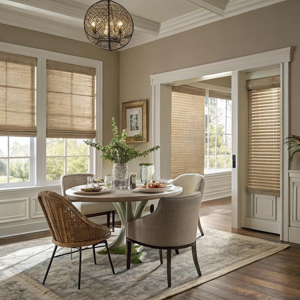 Dining room with woven wood and bamboo blinds