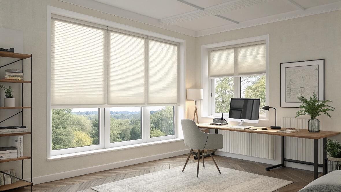 Bright home office featuring light-filtering [cellular shades](https://www.reddit.com/r/Frugal/comments/5qu0pa/do_cellular_window_blinds_really_help_insulate/)[^2] on large windows.