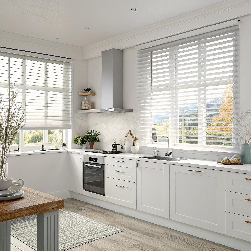 Bright kitchen with white [faux wood blinds](https://www.budgetblinds.com/blog/pros-and-cons-faux-wood-vs.-wood-blinds)[^1]