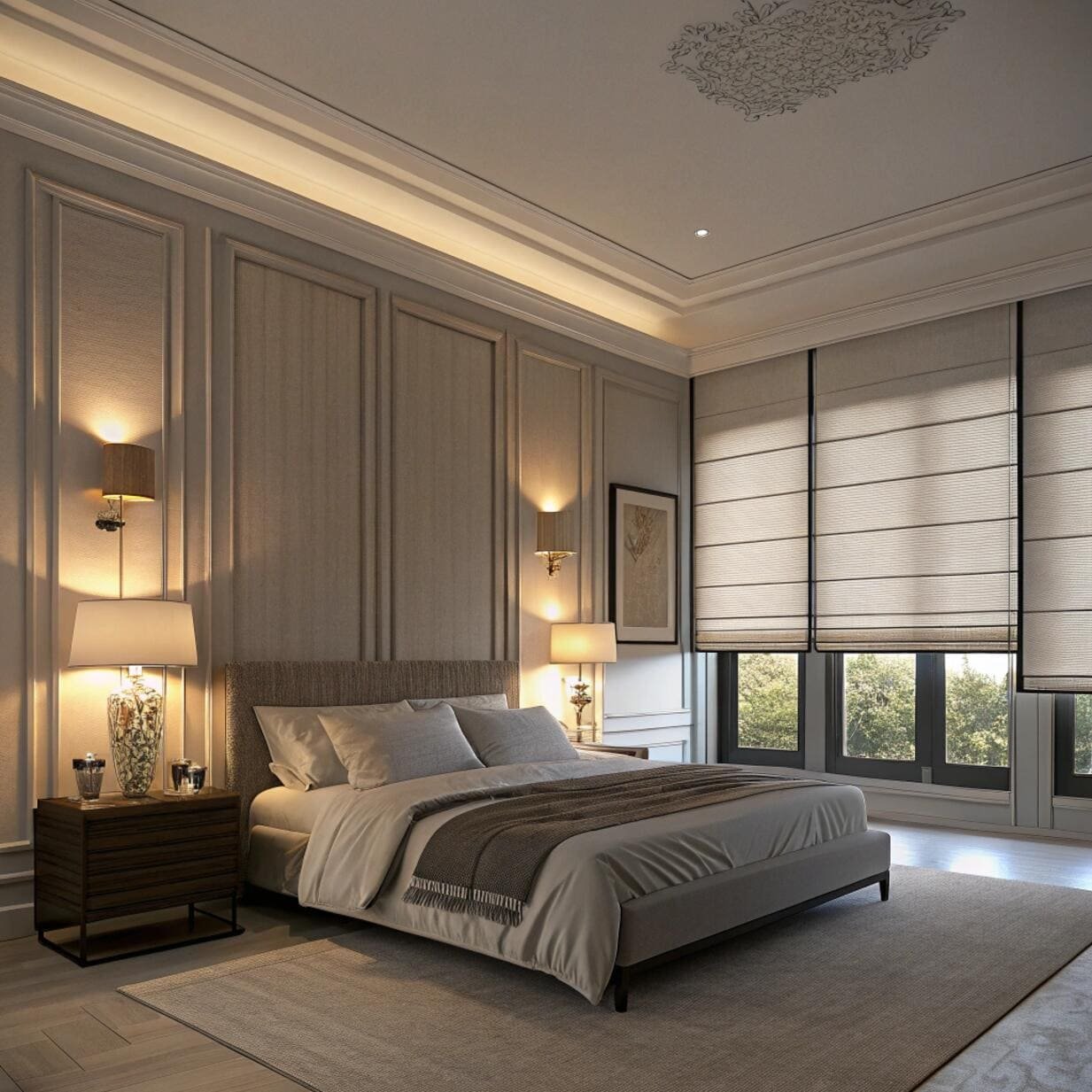 Bedroom with blackout roller blinds and cozy lighting