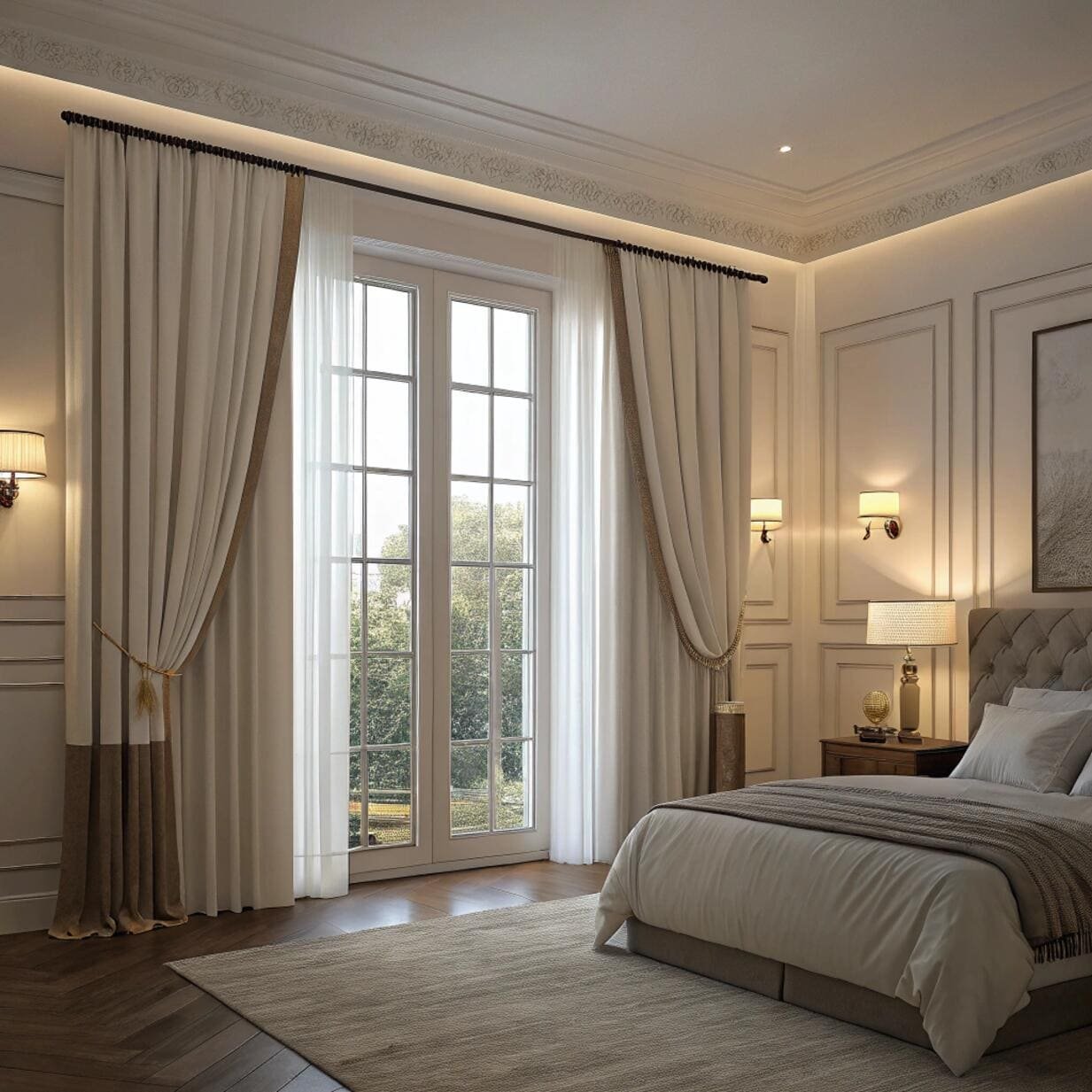 Bedroom with classic drapery and sheer curtains