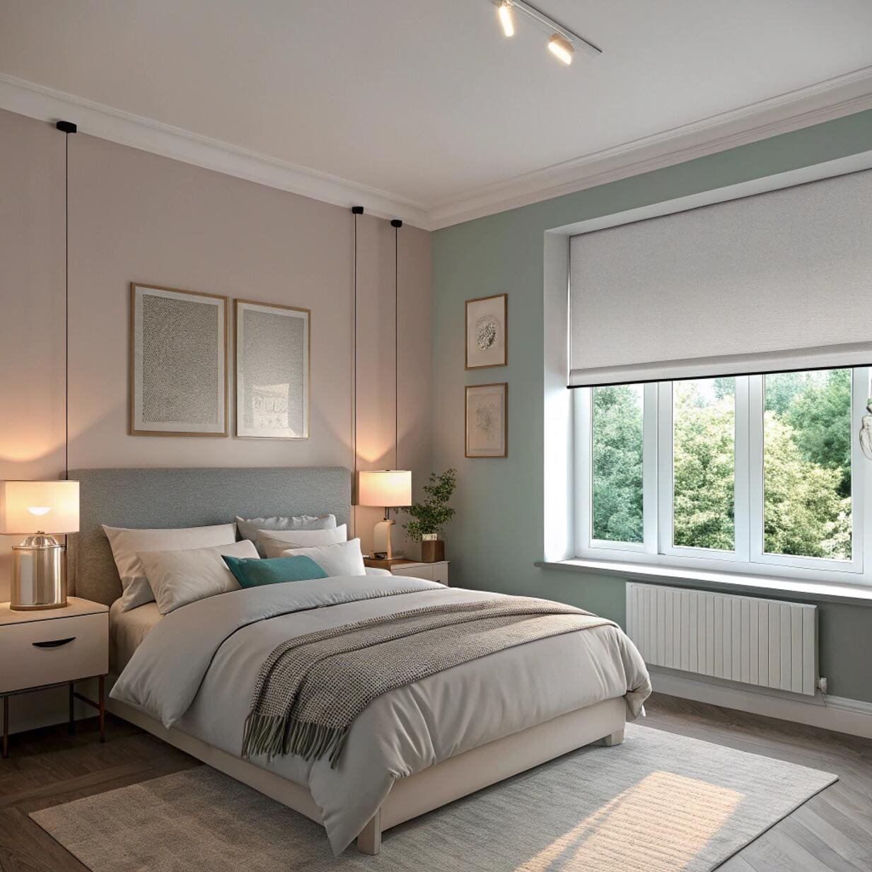 Modern bedroom with minimalist roller shade