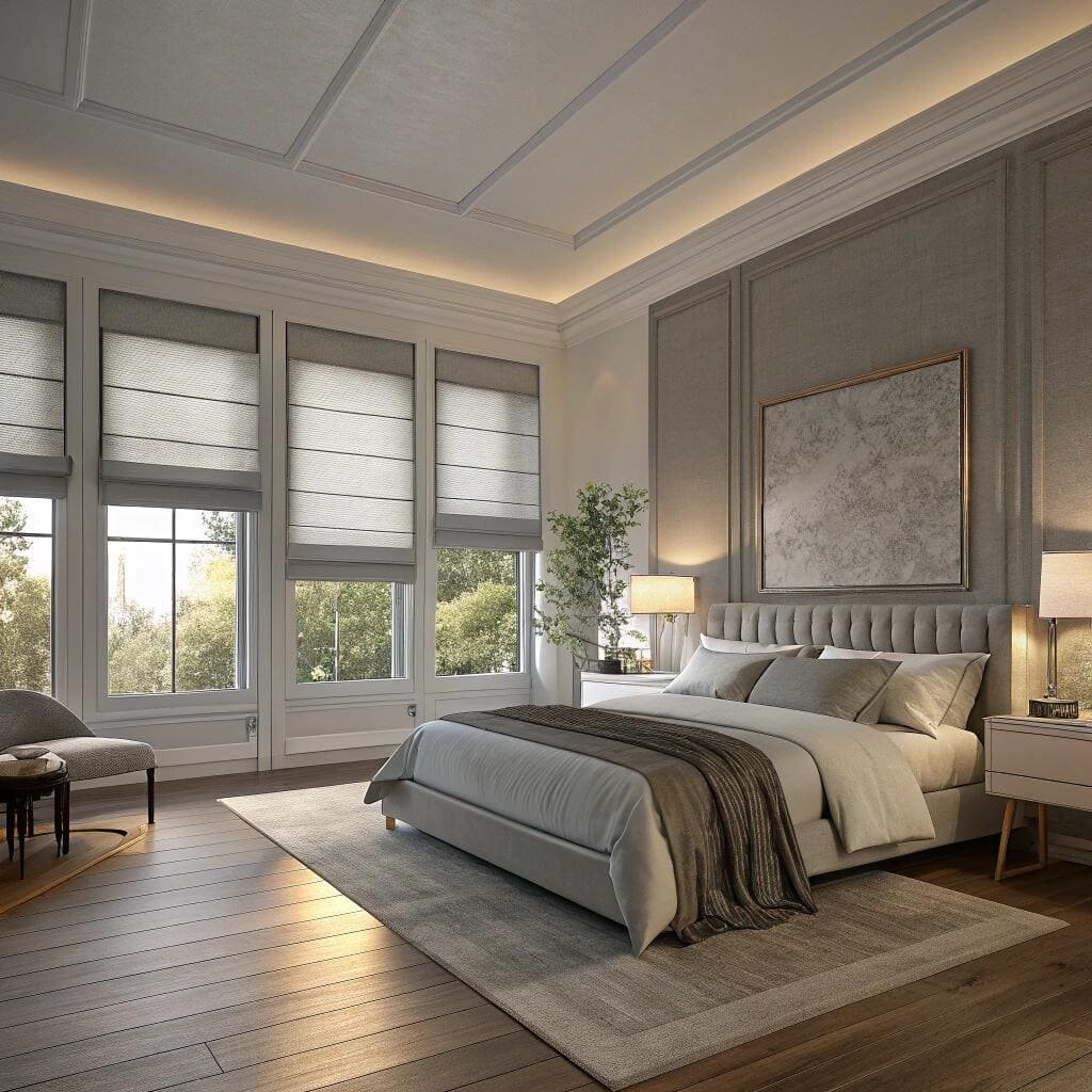 Luxurious bedroom with grey roman window shades