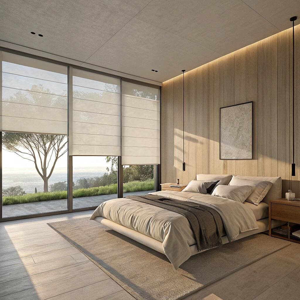 Bedroom with floor-to-ceiling beige roman blinds