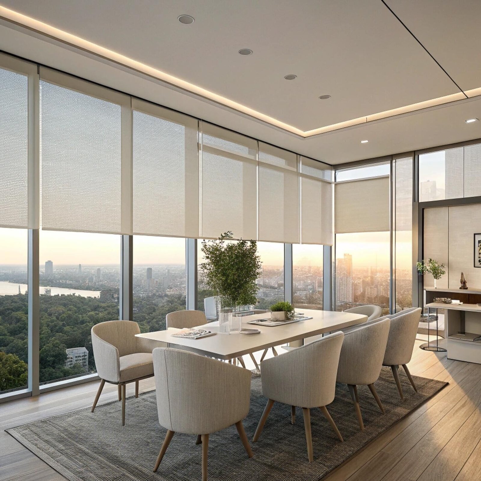 Elegant meeting room with white roller blinds and city view
