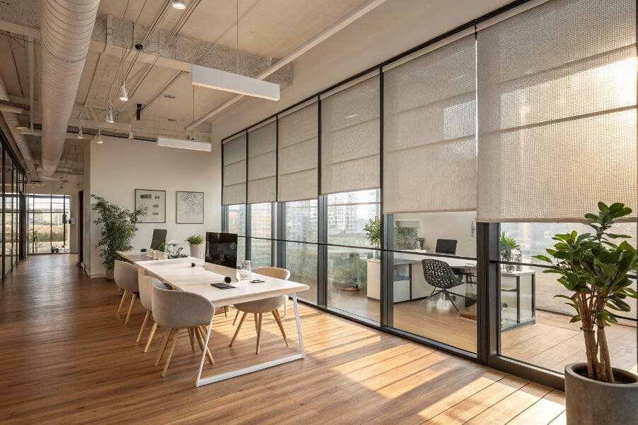 Modern meeting room with roman shades and city views
