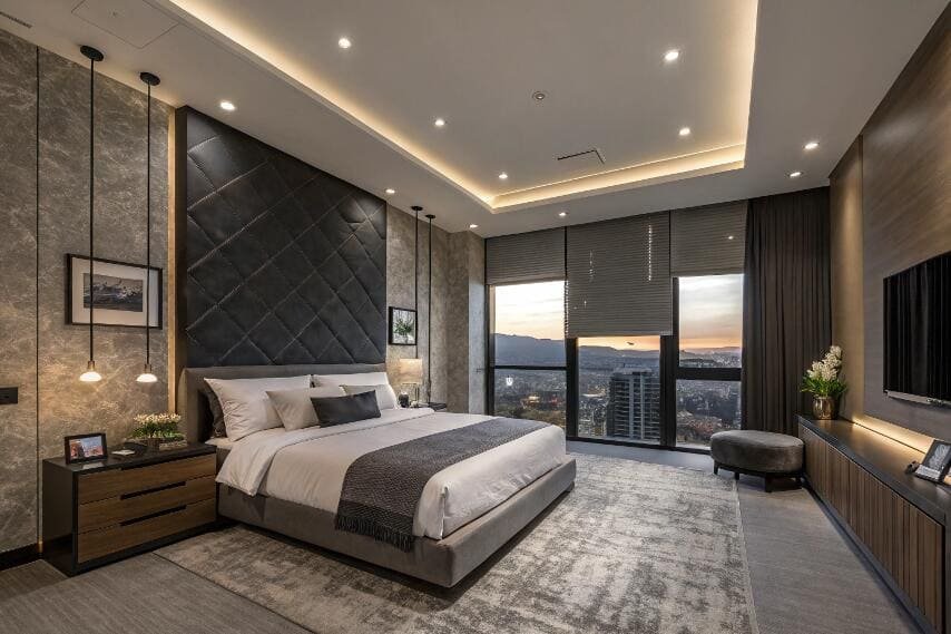 Luxury bedroom with modern blackout blinds and city view