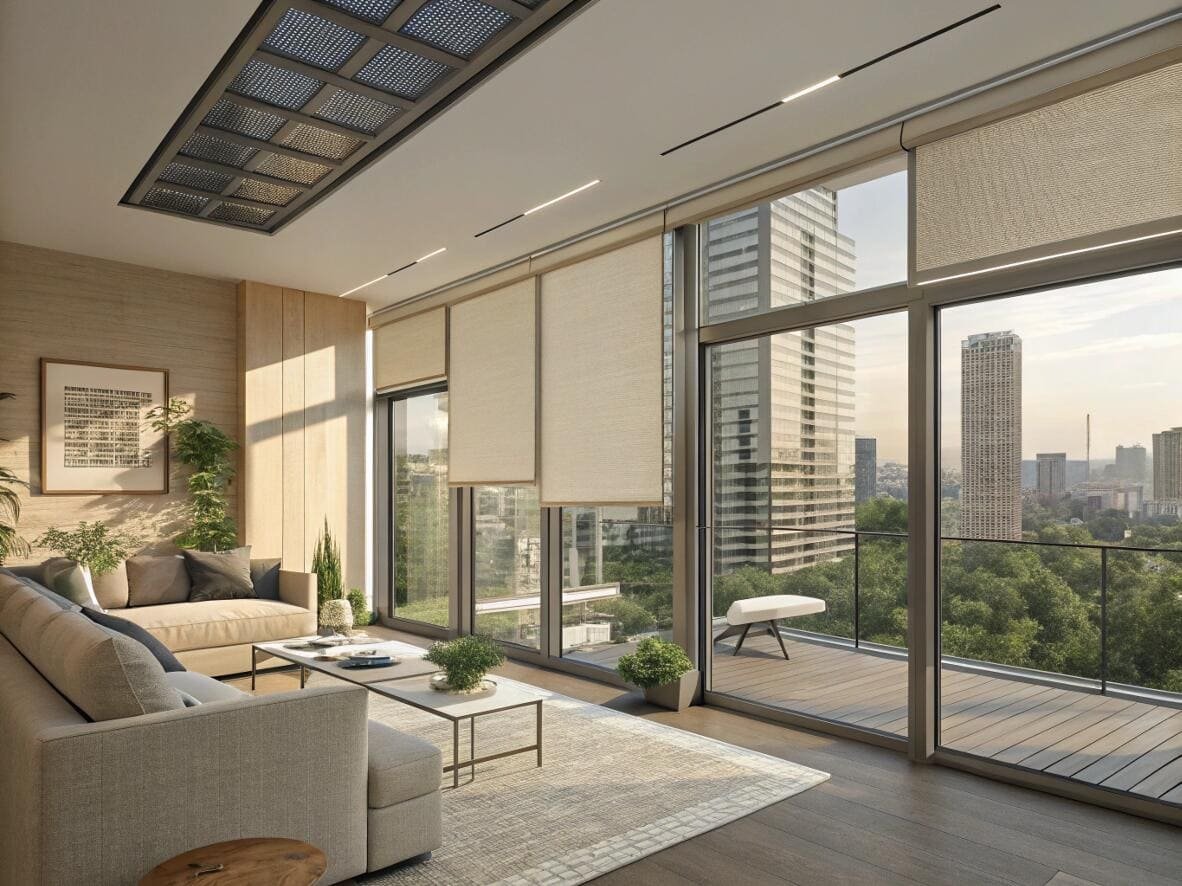 Bright city living room with motorized roller shades